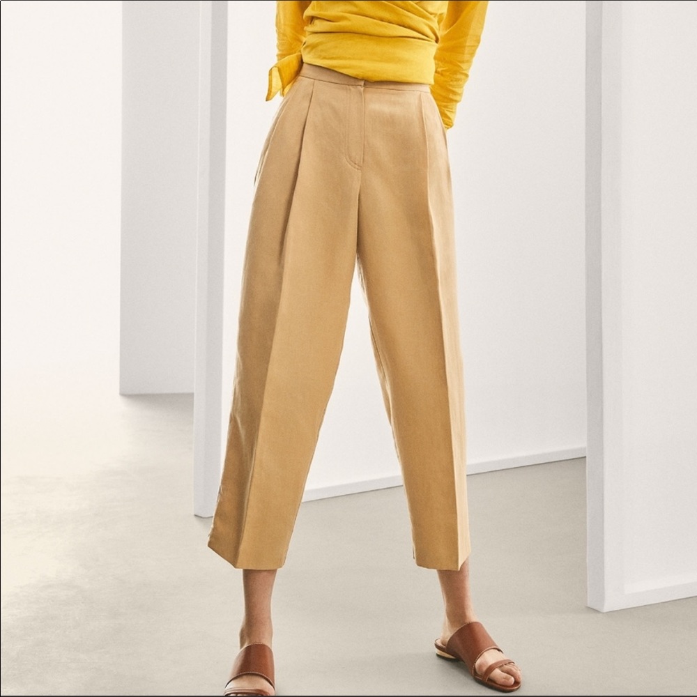 Massimo Dutti Tan Beige Linen Blend Plead Cropped High Waist Trousers